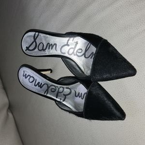 Sam Edelman Black Pointed Toe Fur Kitten Heel Mules